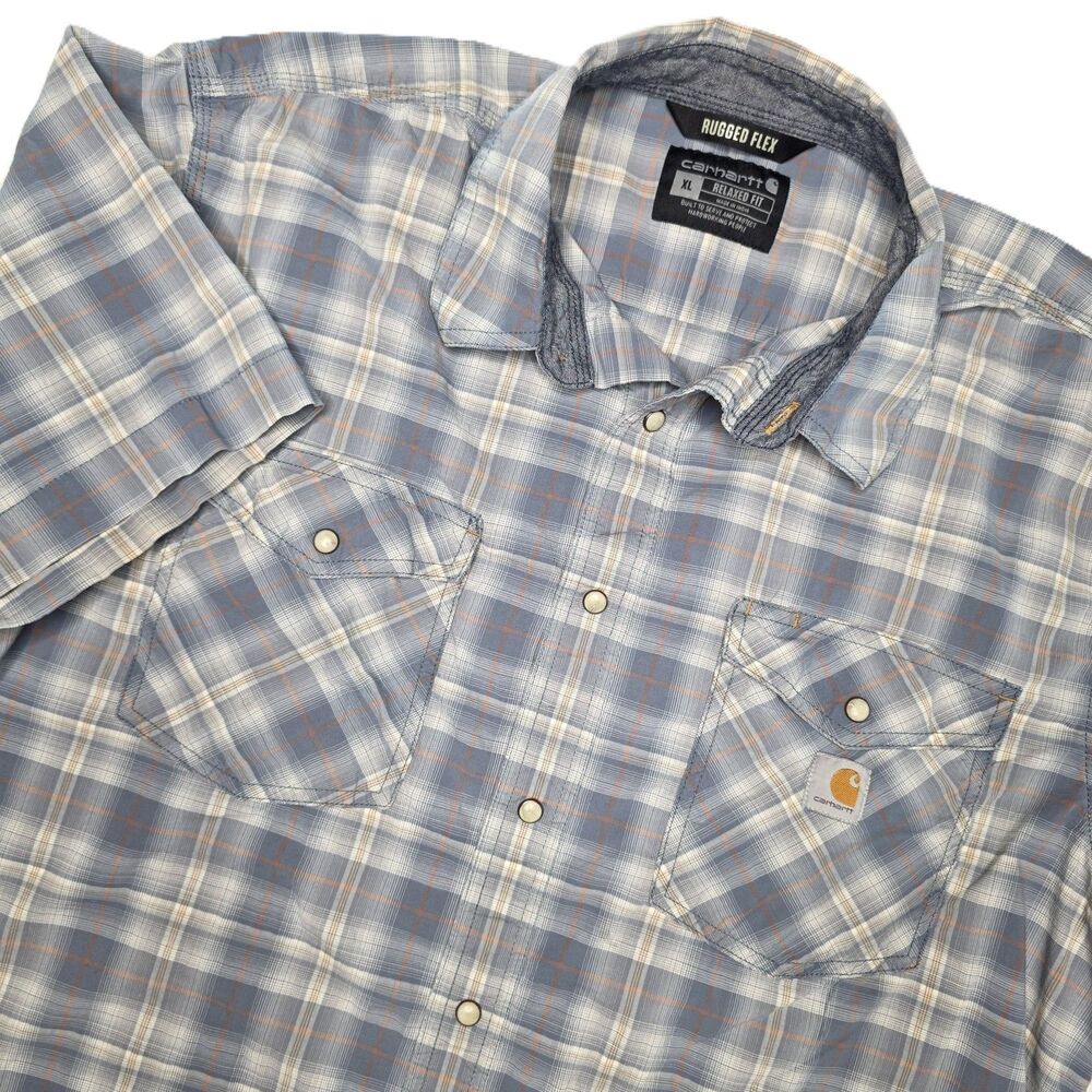 Carhartt Rugged Flex Pearl Snap Plaid Shirt Men's XL Short Sleeve Relaxed Fit